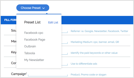 A Google URL Builder Chrome bővítmény előre beállított értékei