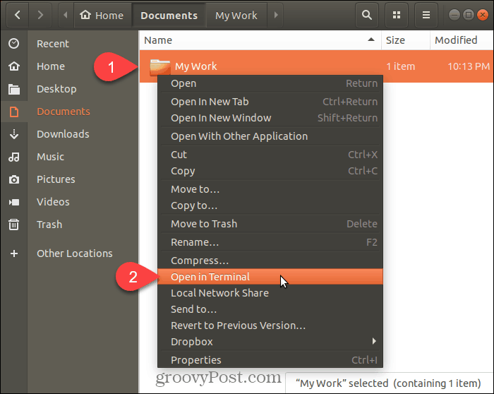Válassza a Megnyitás a terminálon lehetőséget az Ubuntu Linuxban