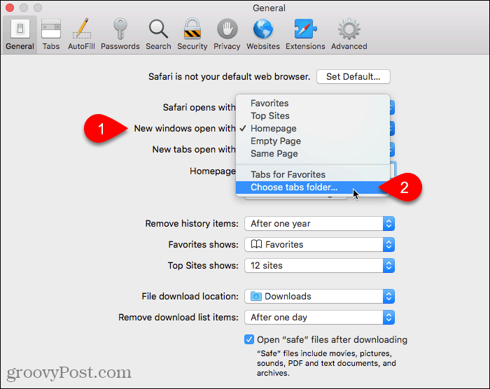 Válassza a Lapok mappájának kiválasztása lehetőséget az Új ablakok megnyitásakor a beállításokkal a Mac Safari programban