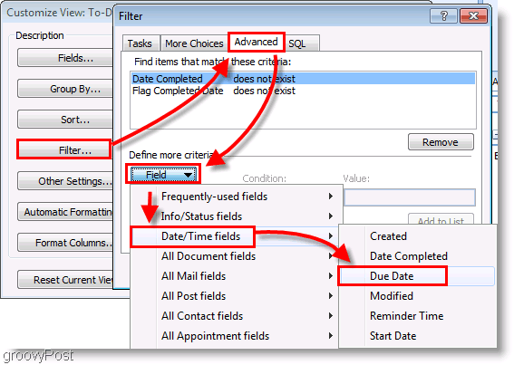 Képernyőkép: Az Outlook 2007 teendősor-beállító szűrő