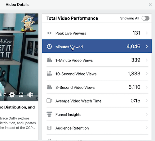 facebook grafikon példa a közönség megtartására a teljes video teljesítmény részben