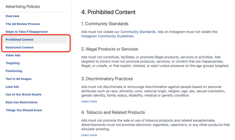 Tiltott tartalom szakasz a Facebook hirdetési irányelveiben