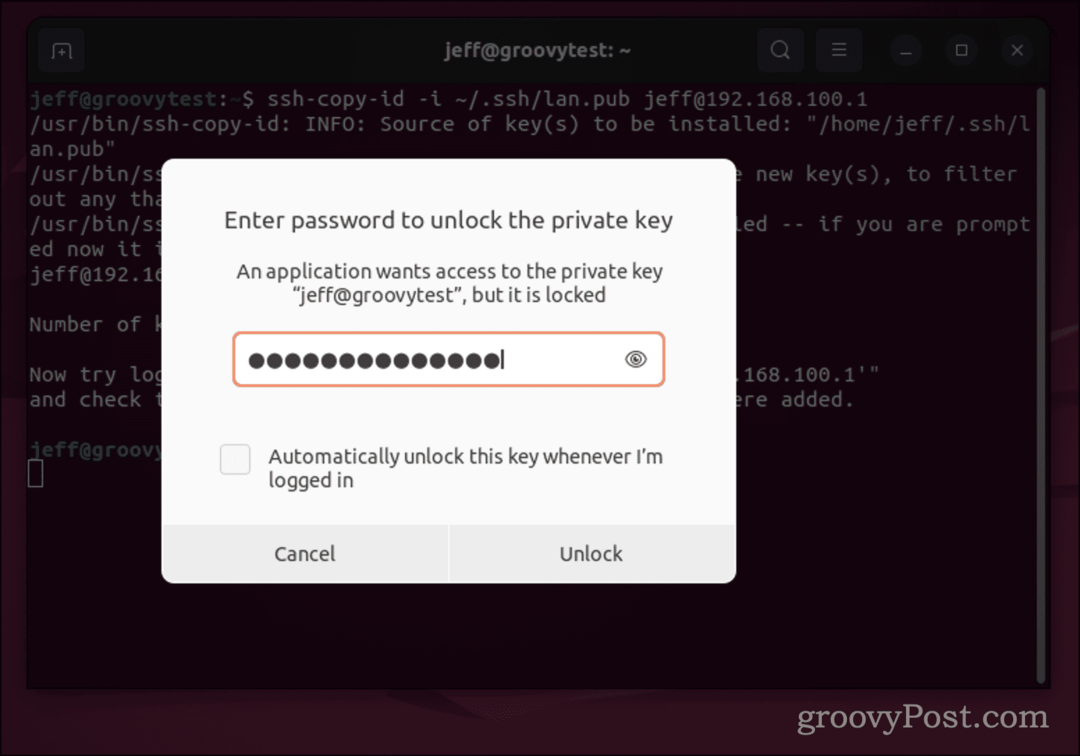 Ubuntu jelszó párbeszédpanel az SSH kulcshoz