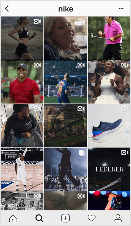 A Nike Instagram bejegyzéseiben a Nike felszerelését viselő sportolók rácsa látható, de a hírcsatornában kevés képen van szöveg.