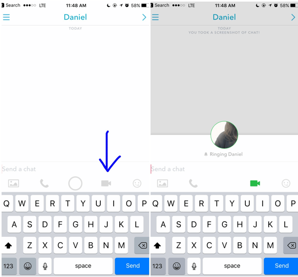 Snapchat-videohívás indításához érintse meg a videó ikont az ügyféllel folytatott nyílt beszélgetés során.