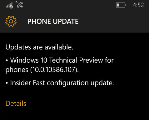 A Windows 10 mobil bennfentes előzetes verziója: 10586.107, és engedje el az előnézeti gyűrűt
