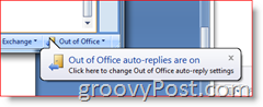 Az Outlook 2007 jobb alsó sarkában – Emlékeztető az irodán kívüli automatikus válaszok engedélyezésére