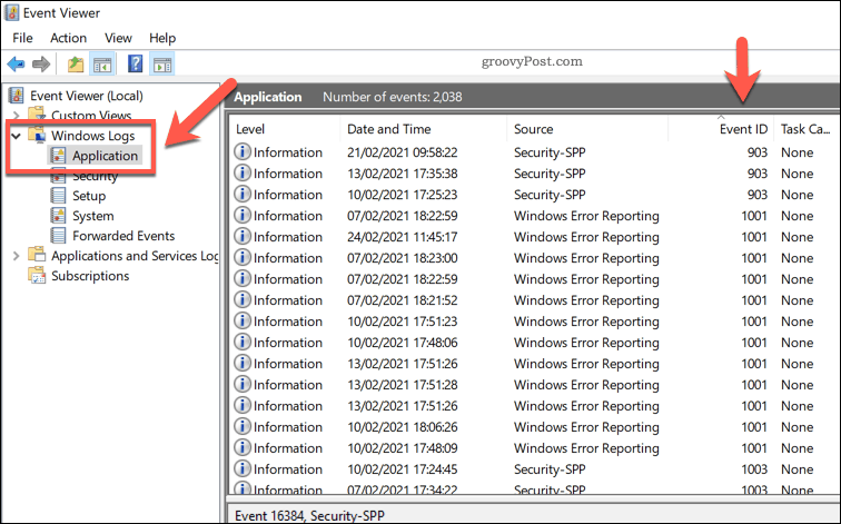 A Windows alkalmazásnaplók listája az Eseménynaplóban