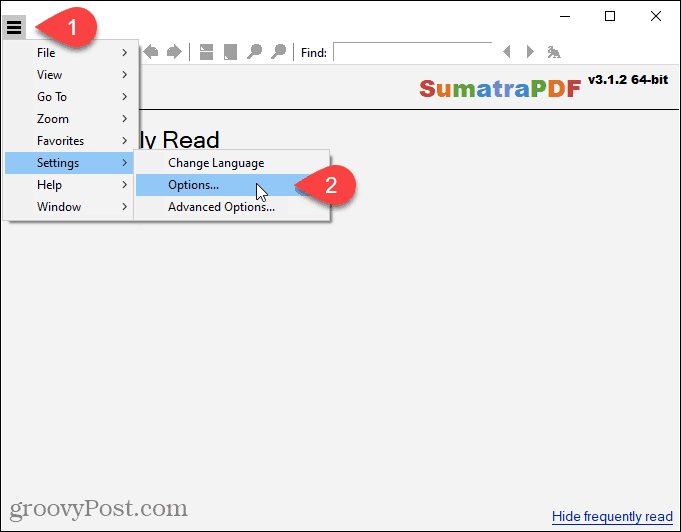 Nyissa meg a SumatraPDF Beállítások> Beállítások menüpontját