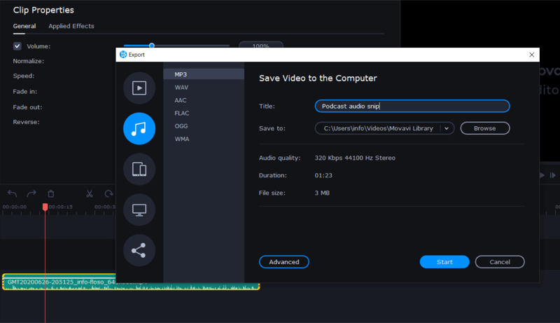 exportálja a hangot MP3-ban a Movavi alkalmazásban
