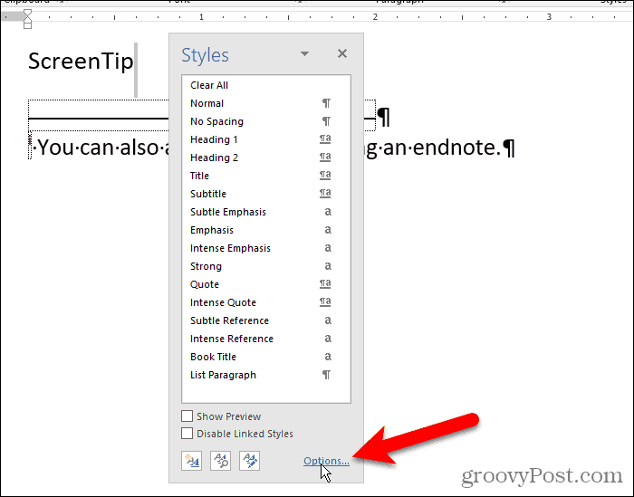 Kattintson a Word Stílusok ablaktábláján található Opciók elemre