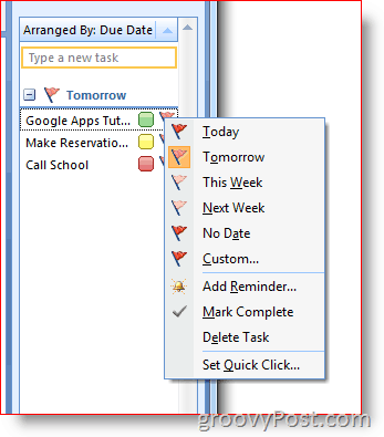 Outlook 2007 teendõs sáv - Kattintson a jobb egérgombbal az Opciók menü Megjelölés elemére