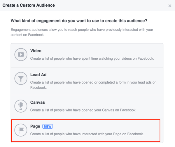 Válassza az Oldal lehetőséget az egyéni Facebook közönség létrehozásához.