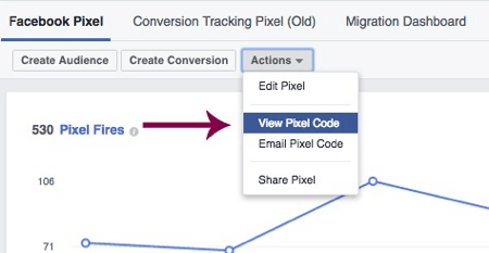 Kattintson a Pixel kód megtekintése elemre az egyedi Facebook képpont eléréséhez.