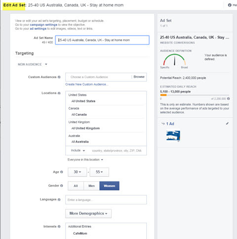 facebook ads manager szerkesztheti a hirdetéskészlet célzását
