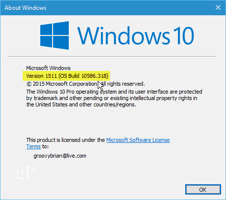A Windows 10 1511-es verziója: 10586-318