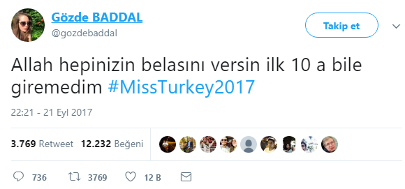 Miss Törökország versenytársa, Gözde Baddal átok
