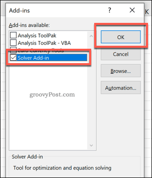 Az Excel Solver bővítmény engedélyezése