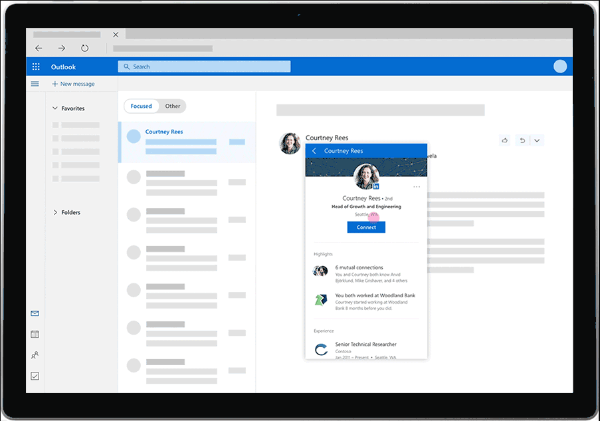 A LinkedIn mostantól gazdag betekintést nyújt, például profilképeket, munkatörténeteket és egyebeket, közvetlenül az Outlook.com felhasználó személyes postaládájából.