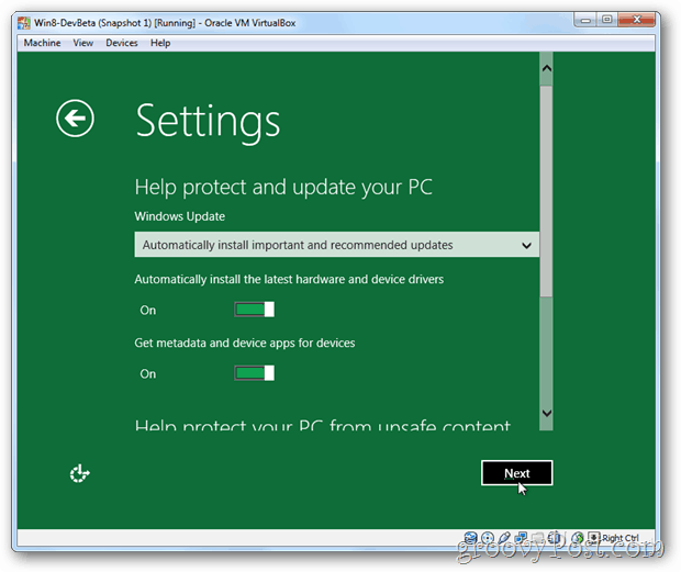 A VirtualBox Windows 8 beállításai és frissítése