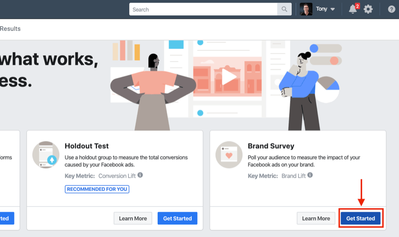 Első lépések gomb a márkafelméréshez a Facebook-kísérletekhez
