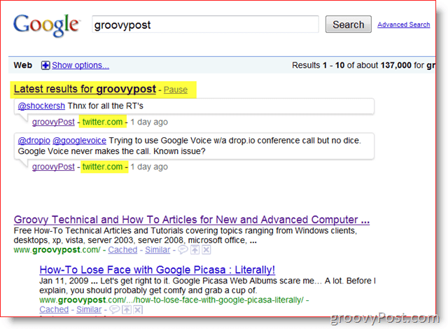 GroovyPost és a Google valós idejű keresése