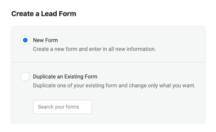 A facebook lead hirdetések új lead formát hoznak létre a kiválasztott új űrlap opcióval
