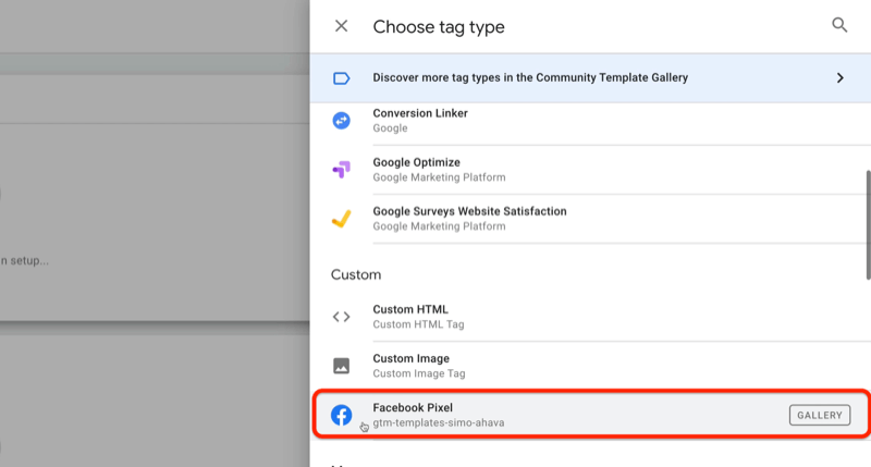 példa a Google tag manager új címkéjére, a select tag type menüvel és a facebook pixel opcióval az egyedi szakaszban kiemelve