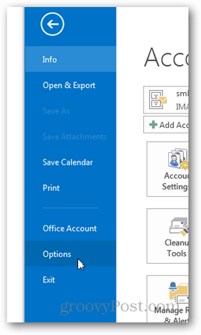 Outlook 2013 - Időjárás letiltása a naptárban - Kattintson az Opciók elemre