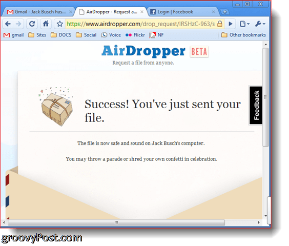 A Dropbox Airdropper fotóképernyőjének sikeres fájlja elküldve