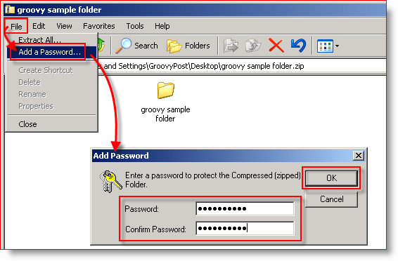 Beépített tömörítés Windows XP - Jelszó hozzáadása