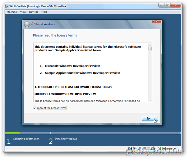 A VirtualBox Windows 8 eula elfogadási licenc