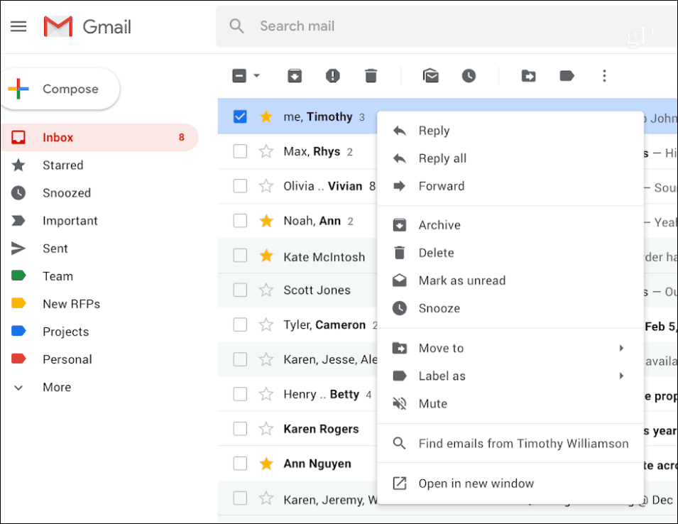 A Gmail jobb egérgombbal történő helyi menüje