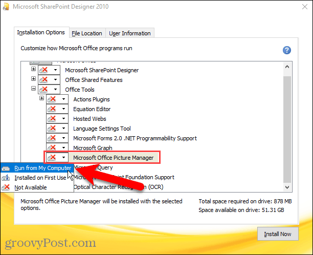 Engedélyezze a Futtatás a számítógépről lehetőséget a Microsoft Office Picture Manager számára a Sharepoint Designer telepítésében