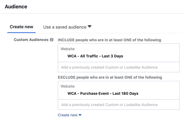 Hogyan hozzunk létre Facebook elérési hirdetéseket, 5. lépés, egyéni közönséghirdetés-beállítások a webhely forgalmához