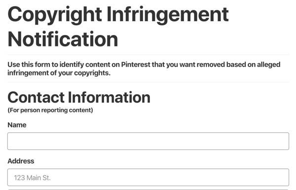 pinterest szerzői jogok megsértésével kapcsolatos bejelentési űrlap