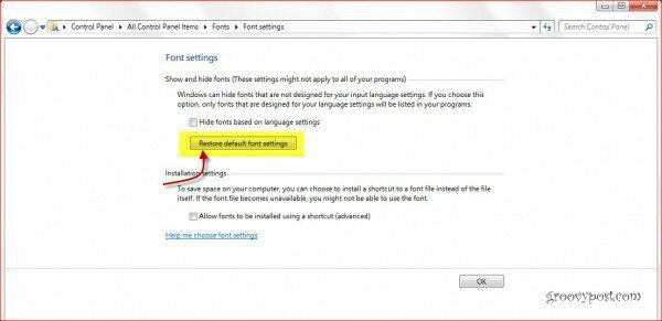 Állítsa vissza a Windows 7 betűkészleteket az alapértelmezett beállításokra