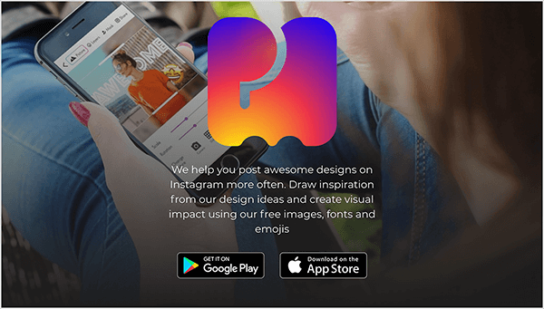 Ez a képernyőkép a PostMuse webhelyről. A felső közepén a PostMuse logó nagy képe látható, amely egy ívelt gradienssel töltött P és M illusztrációja. A színátmenet felülről lefelé lila, fuschia, piros, narancs és sárga színű. A logó alatt a következő fehér szöveg található: „Segítünk Önnek gyakrabban félelmetes terveket közzétenni az Instagram-on. Merítsen ihletet tervezési ötleteinkből, és hozzon létre vizuális hatást ingyenes képeink, betűtípusaink és hangulatjeleink segítségével. A szöveg alatt olyan gombok találhatók, amelyek csatlakoznak a Google Play áruházhoz és az App Store-hoz. A weboldal háttérképe egy fehér, vörös ápolt körmökkel rendelkező fénykép, amely okostelefont tart és használja a PostMuse alkalmazást. A fénykép az ember válla fölött készül, és a mélységélesség elmossa az ember haját és nyakát, hogy a telefonra összpontosítson. Az illető lába elé van nyújtva, és kék farmert visel.