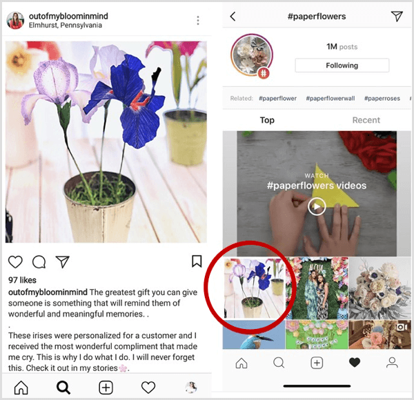 az Instagram bejegyzés példája, amely először jelenik meg a keresési eredmények között egy adott hashtag számára