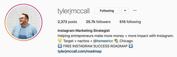 Példa az Instagram Business profil képére és a biológiai információkra: @tylerjmccall.