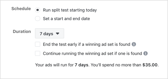Válassza a Split Test Run Starting Today futtatását a Facebook split testhez.