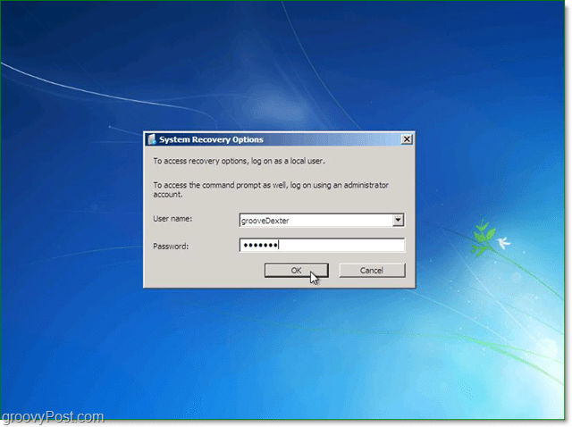 írja be felhasználónevét és jelszavát a Windows 7 rendszer helyreállításához