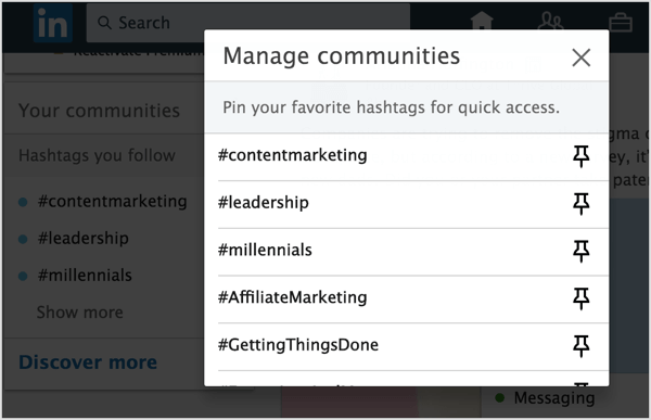 Kattintson a Link ikonra a LinkedIn hashtagek mellett, amelyeket hozzá kíván adni a listához.