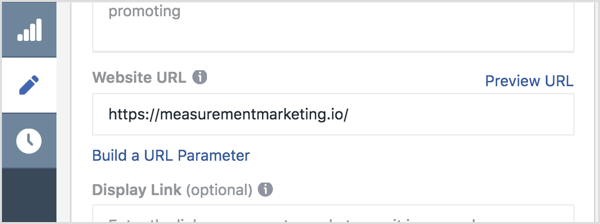 Az Ads Managerben írja be a fő linket a Webhely URL mezőbe.