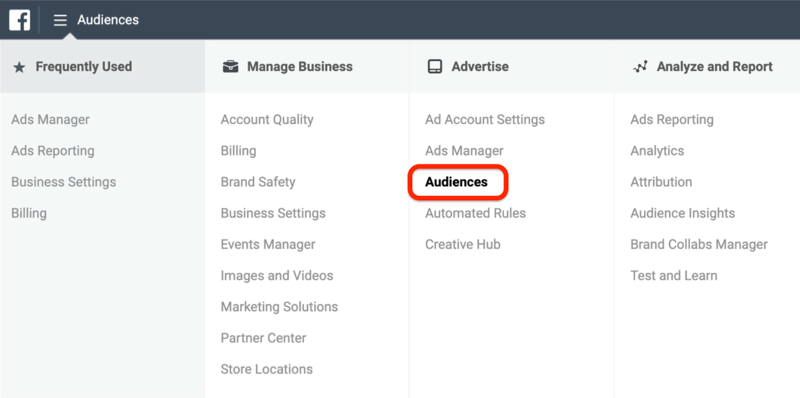 a Közönség opció képernyőképe pirosan körözve a Facebook Ads Manager menüben