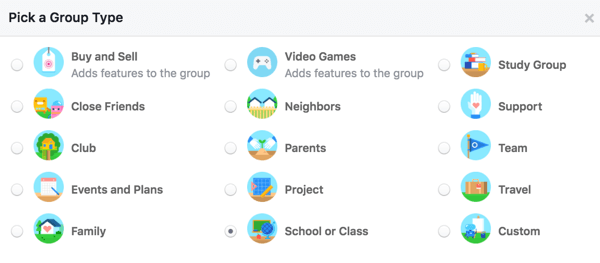 Válasszon egy csoporttípust, hogy a felhasználók többet megtudhassanak a csoportjáról.