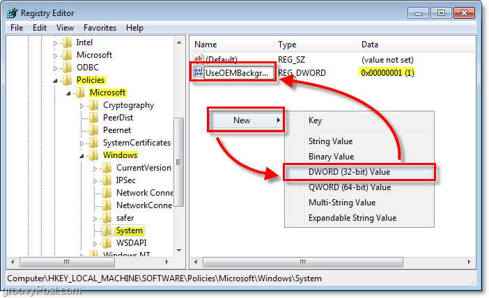 keresse meg a Windows 7 rendszerleíró kulcsot HKEY_LOCAL_MACHINESOFTWAREPoliciesMicrosoftWindowsSystem