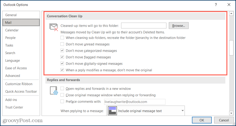 A beszélgetés tisztítási beállításai az Outlook programban