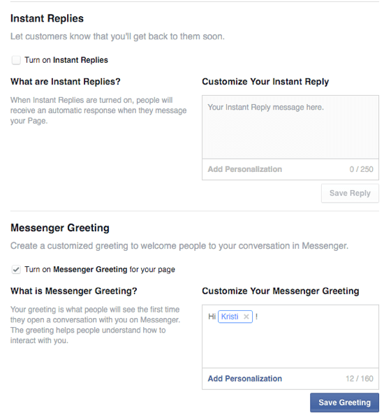lehetőségek a facebook azonnali válaszokra és üdvözletre