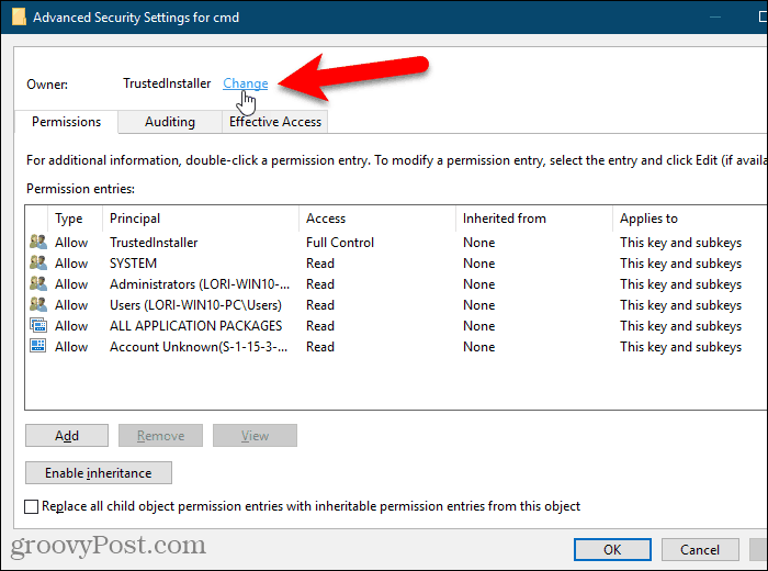 Kattintson a Windows Registry kulcsjának Tulajdonosának módosítása linkre